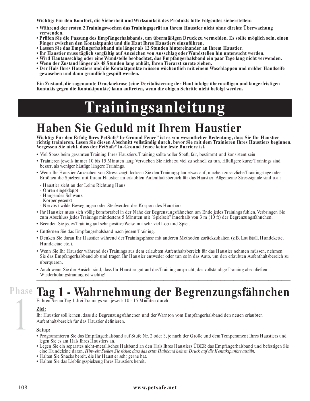 Petsafe PIG20-11041 Trainingsanleitung, Haben Sie Geduld mit Ihrem Haustier, Tag 1 Wahrnehmung der Begrenzungsfähnchen 