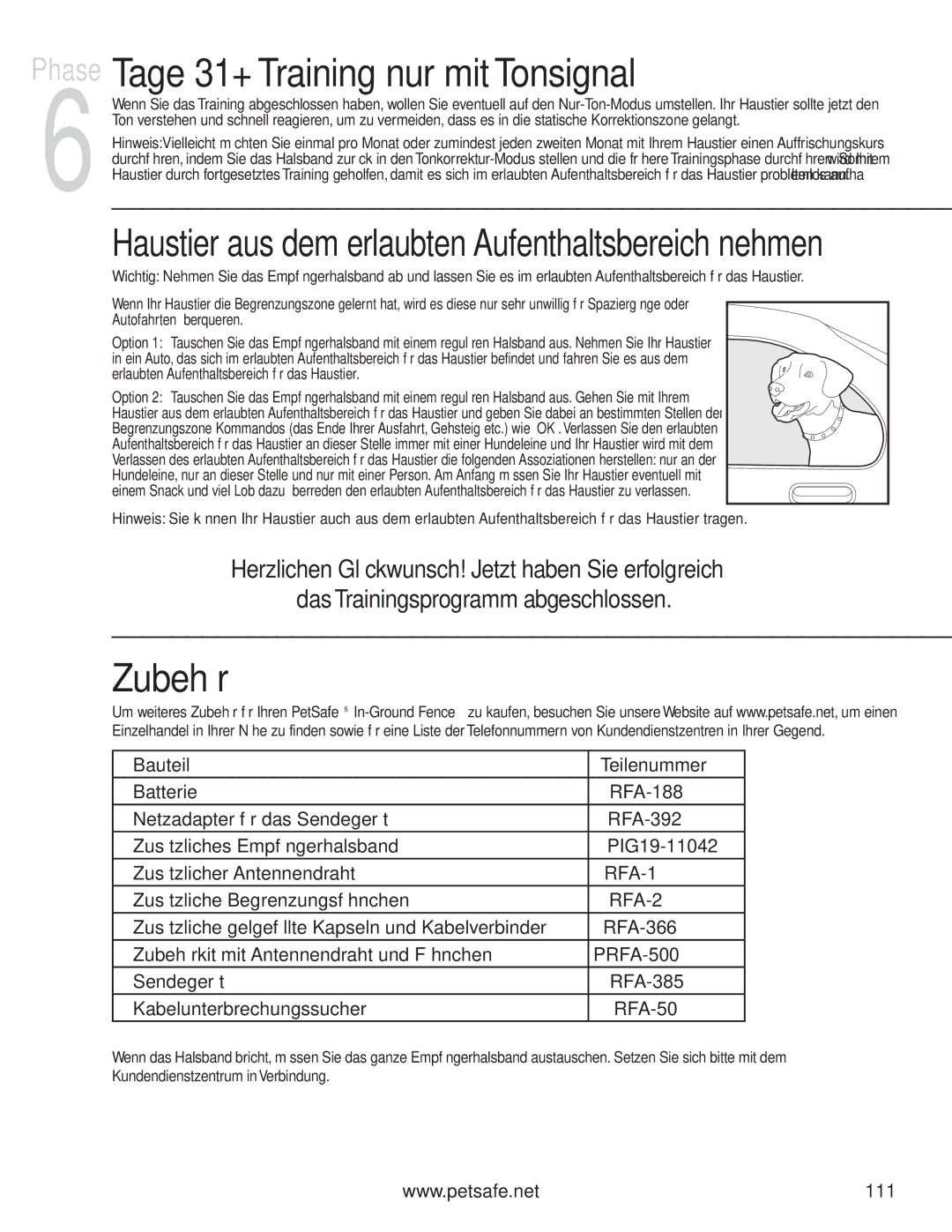 Petsafe PIG20-11041 manuel dutilisation Tage 31+ Training nur mit Tonsignal, Zubehör, Bauteil Teilenummer, 111 