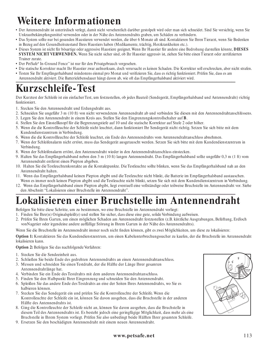 Petsafe PIG20-11041 Weitere Informationen, Kurzschleife-Test, Lokalisieren einer Bruchstelle im Antennendraht 