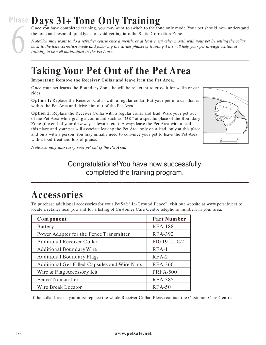 Petsafe PIG20-11041 Days 31+ Tone Only Training, Taking Your Pet Out of the Pet Area, Accessories, Component Part Number 