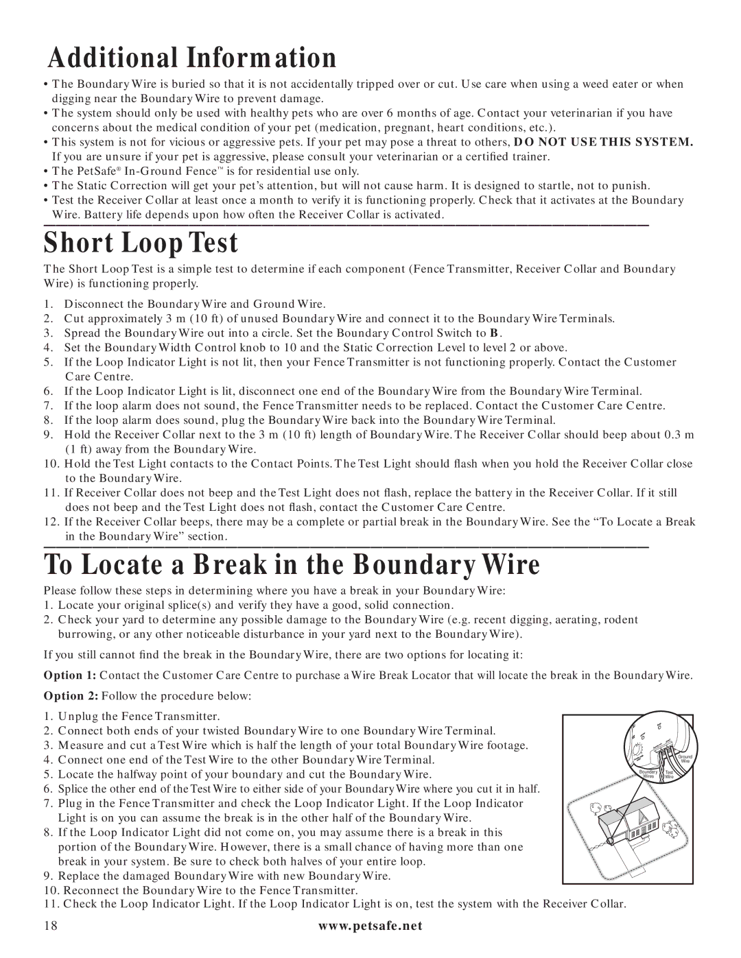 Petsafe PIG20-11041 manuel dutilisation Additional Information, Short Loop Test, To Locate a Break in the Boundary Wire 