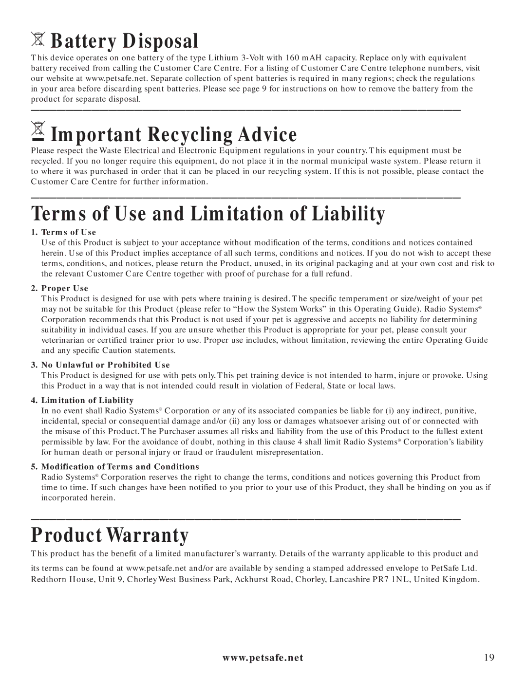 Petsafe PIG20-11041 Battery Disposal Important Recycling Advice, Terms of Use and Limitation of Liability 