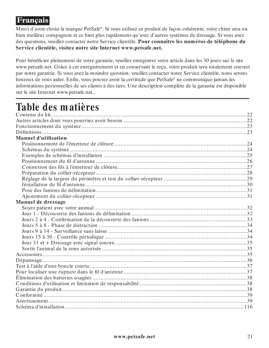 Petsafe PIG20-11041 manuel dutilisation Table des matières, Manuel dutilisation 