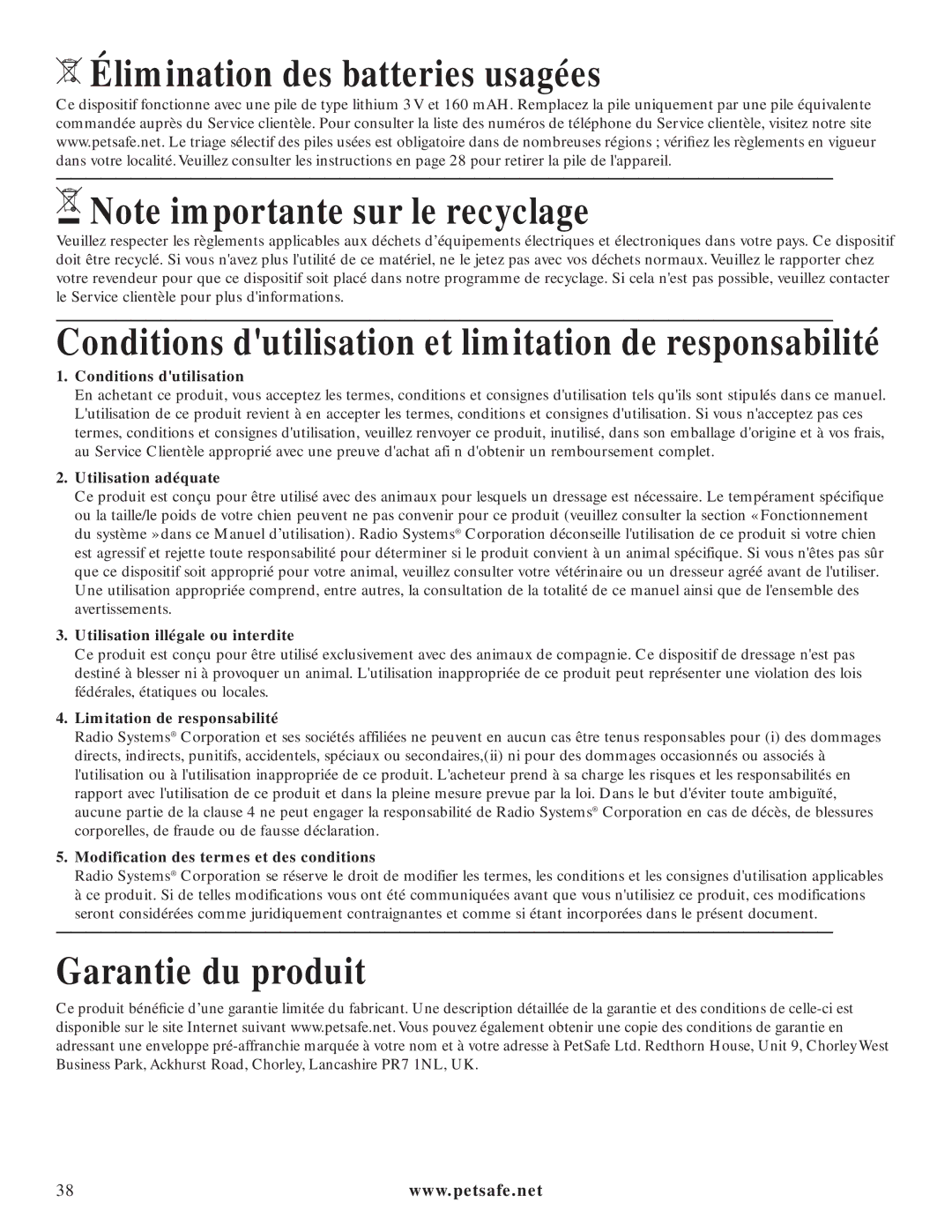 Petsafe PIG20-11041 Élimination des batteries usagées, Conditions dutilisation et limitation de responsabilité 