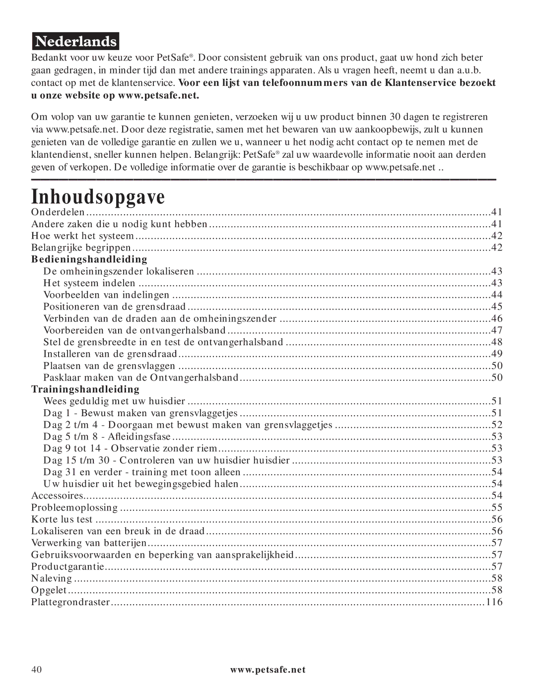 Petsafe PIG20-11041 manuel dutilisation Inhoudsopgave, Bedieningshandleiding 