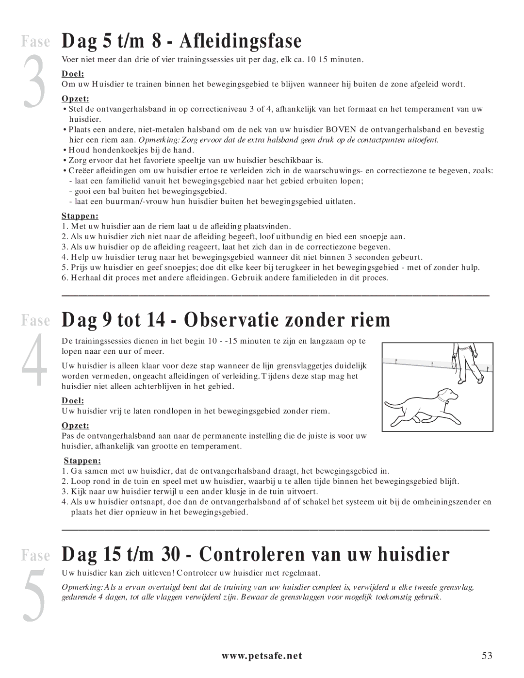 Petsafe PIG20-11041 manuel dutilisation Dag 5 t/m 8 Afleidingsfase, Dag 9 tot 14 Observatie zonder riem 