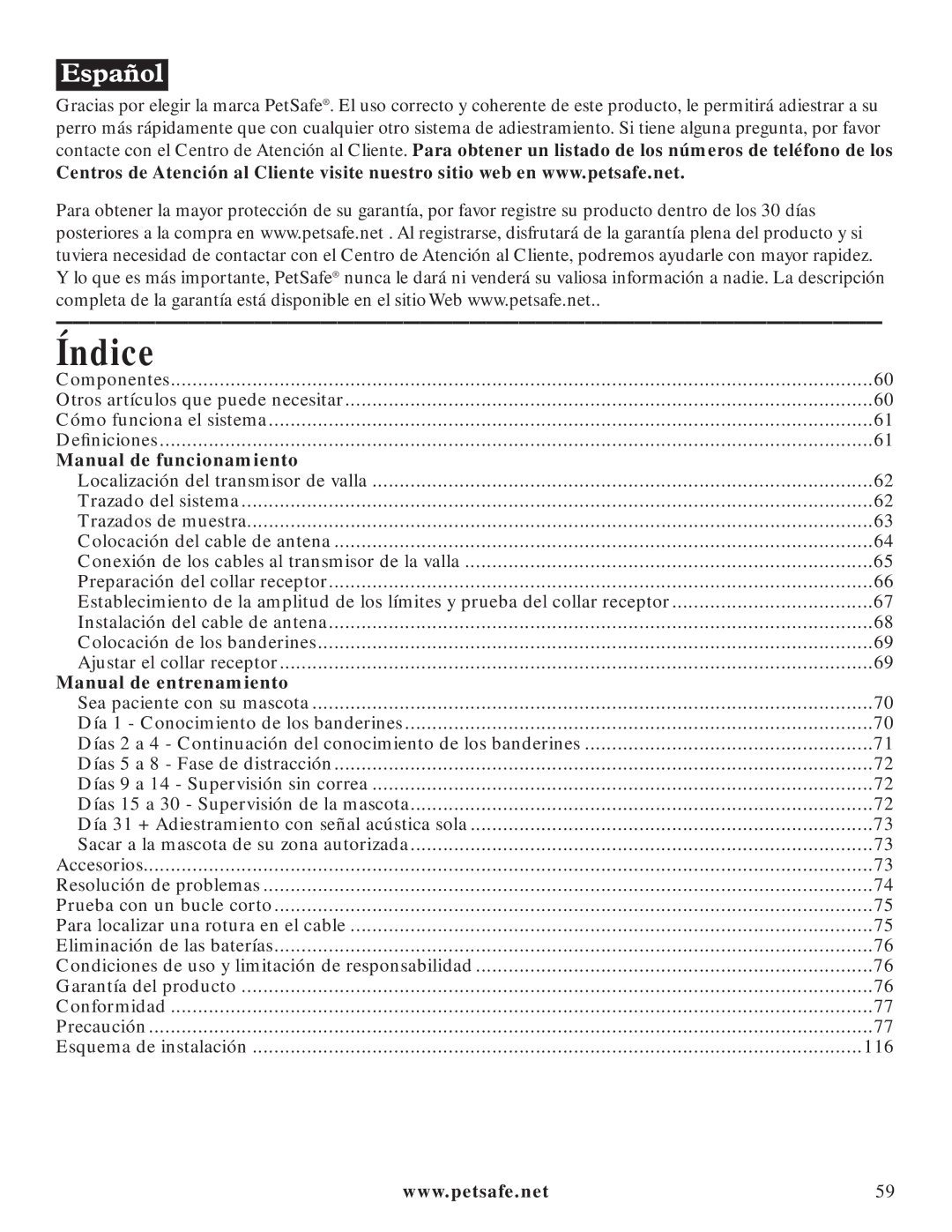 Petsafe PIG20-11041 manuel dutilisation Índice, Manual de funcionamiento 