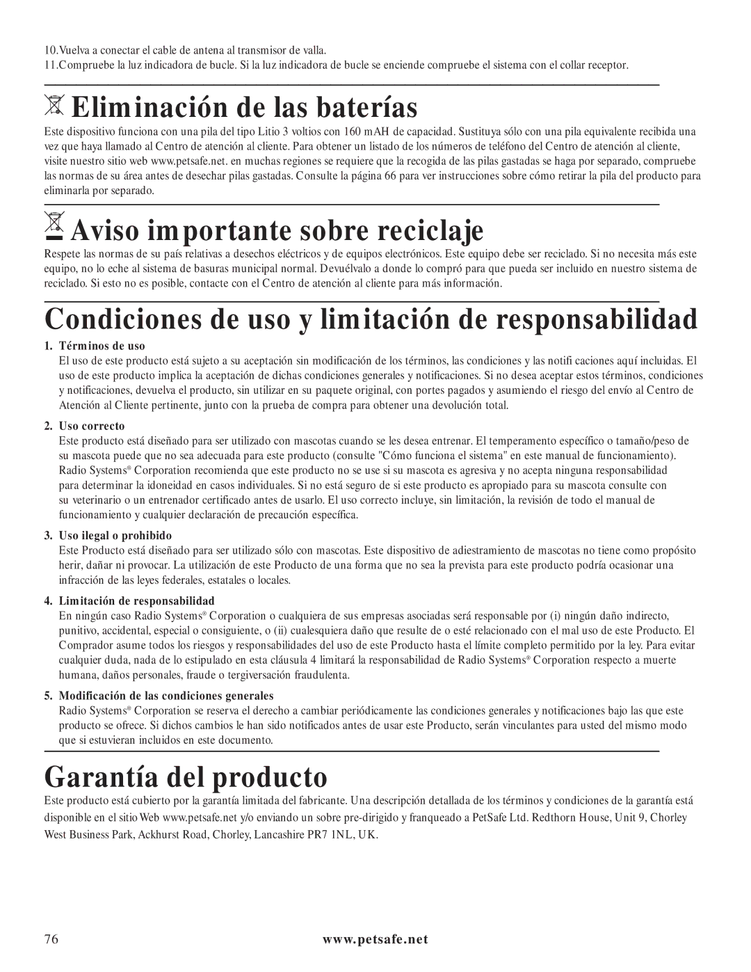 Petsafe PIG20-11041 manuel dutilisation Condiciones de uso y limitación de responsabilidad, Garantía del producto 