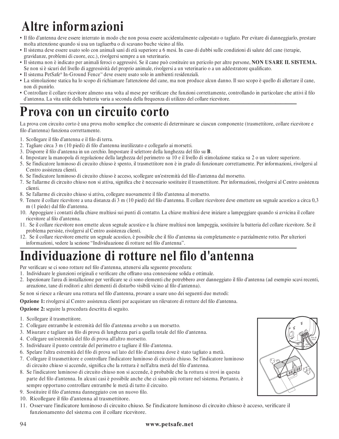 Petsafe PIG20-11041 Altre informazioni, Prova con un circuito corto, Individuazione di rotture nel filo dantenna 