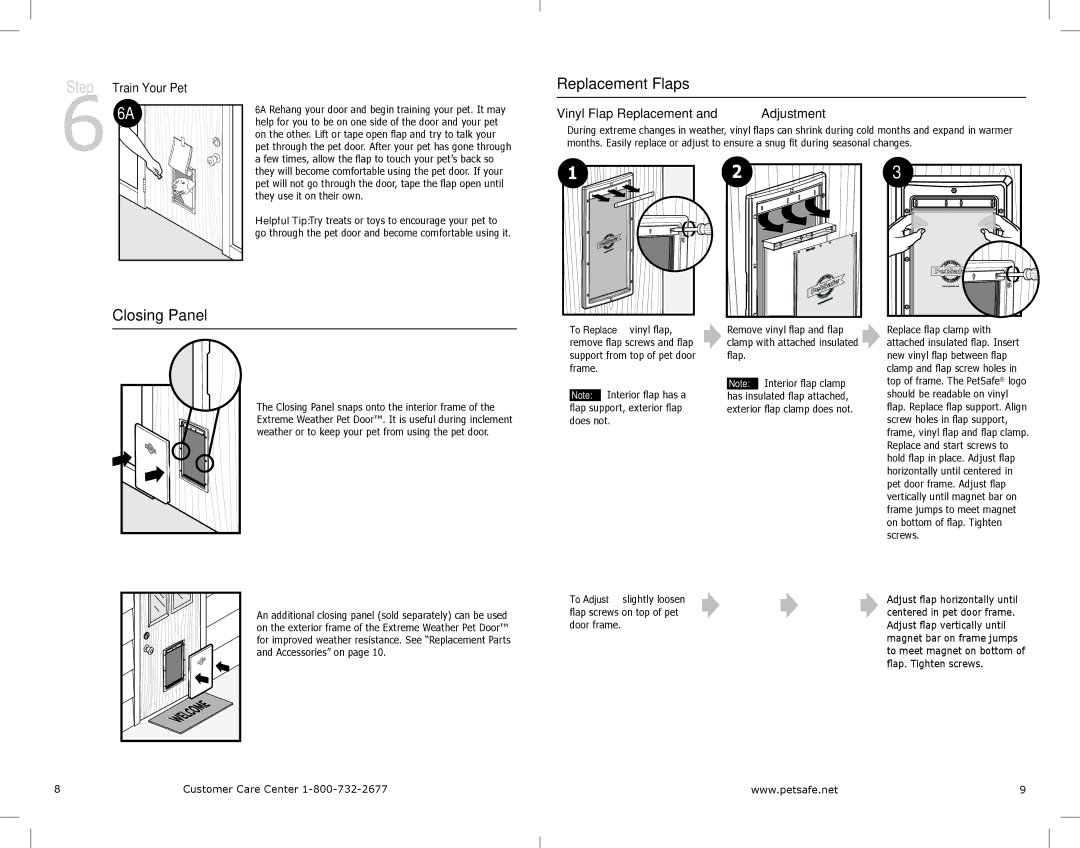 Petsafe PPA00-10984 manual Replacement Flaps, Closing Panel, Vinyl Flap Replacement and Adjustment, Train Your Pet 