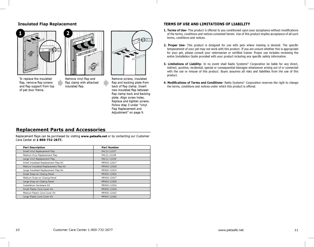 Petsafe PPA00-10984 manual Replacement Parts and Accessories, Insulated Flap Replacement, To replace the insulated 