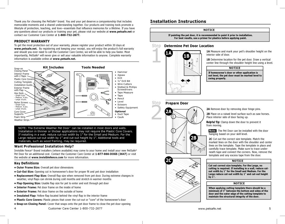 Petsafe PPA00-10984 manual Installation Instructions, Product Warranty, Step Determine Pet Door Location, Prepare Door 