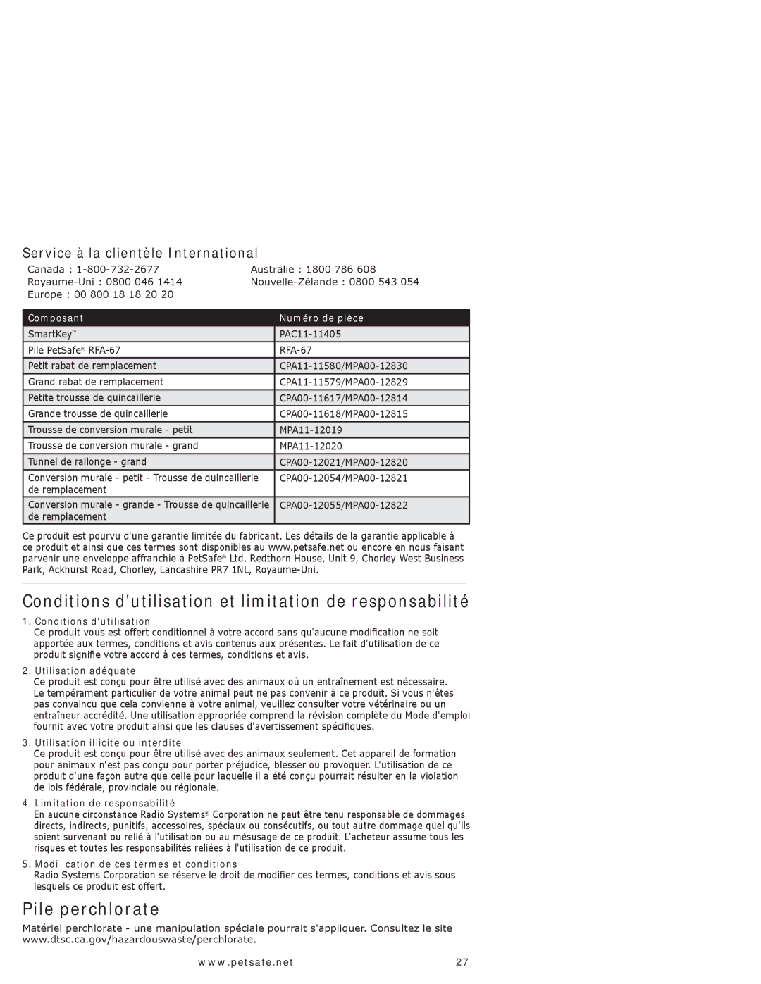 Petsafe PPA11-10709 Pile perchlorate, Conditions dutilisation et limitation de responsabilité, Composant Numéro de pièce 