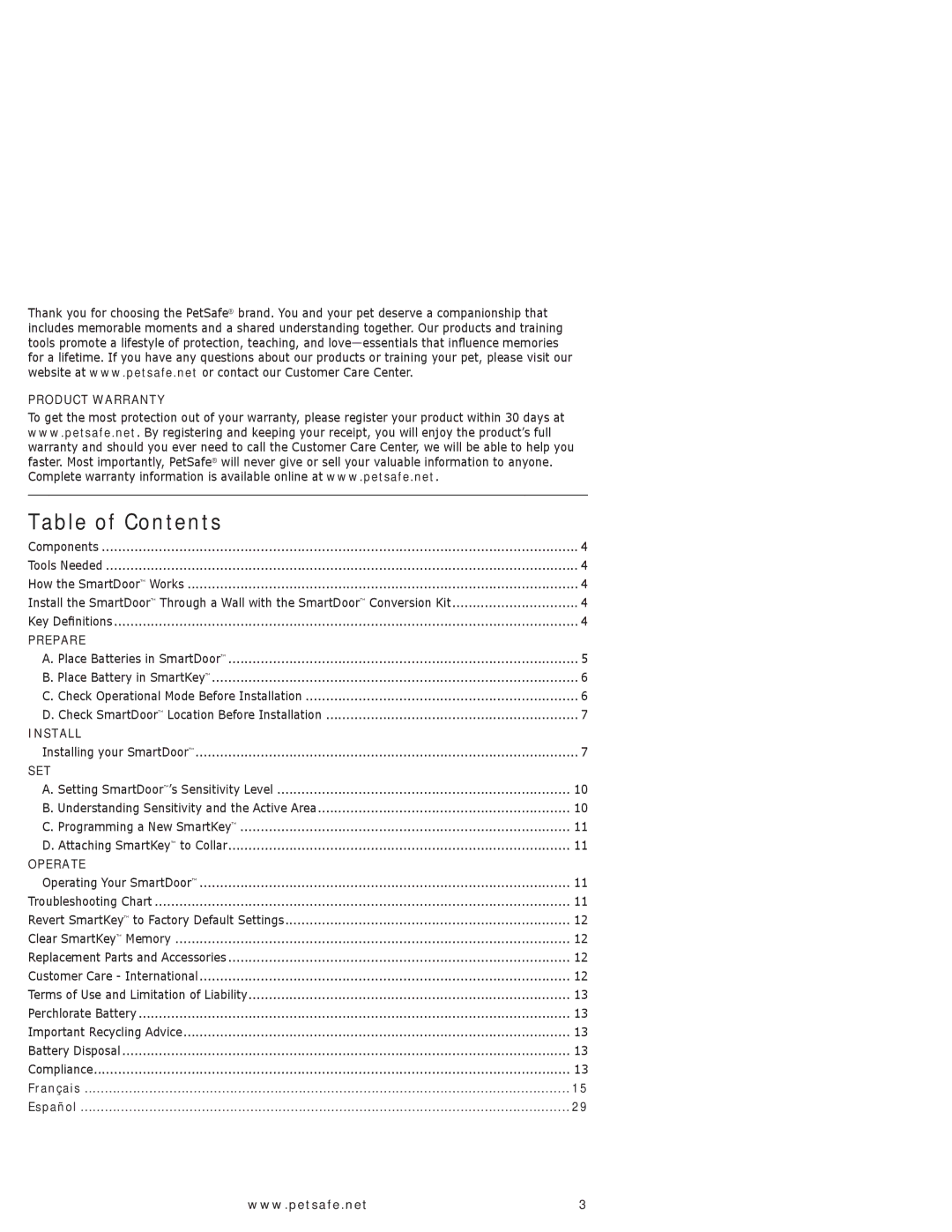 Petsafe PPA11-10709, PPA11-10711 manual Table of Contents 