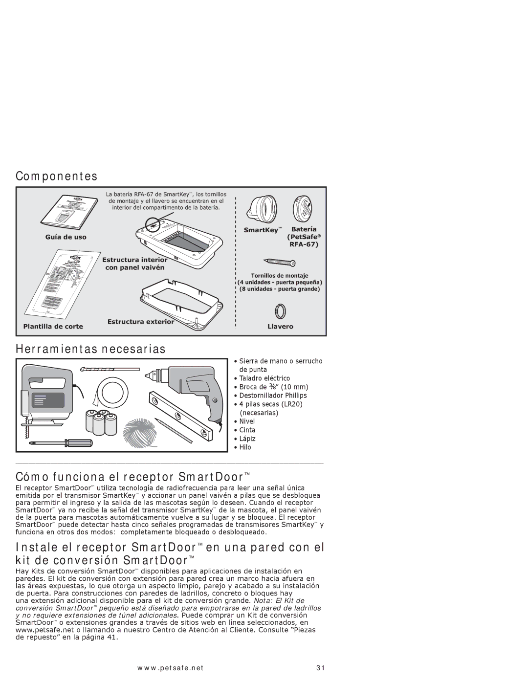 Petsafe PPA11-10709 Componentes, Herramientas necesarias, Cómo funciona el receptor SmartDoor, Nivel Cinta Lápiz Hilo 