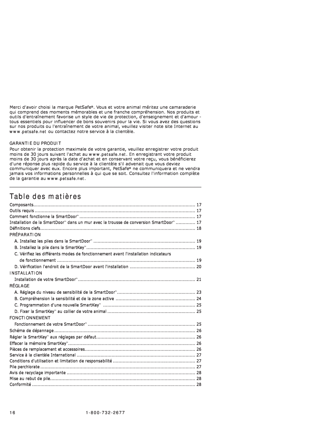 Petsafe PPA11-10711 manual Table des matières, Garantie Du Produit, Préparation, Installation, Réglage, Fonctionnement 