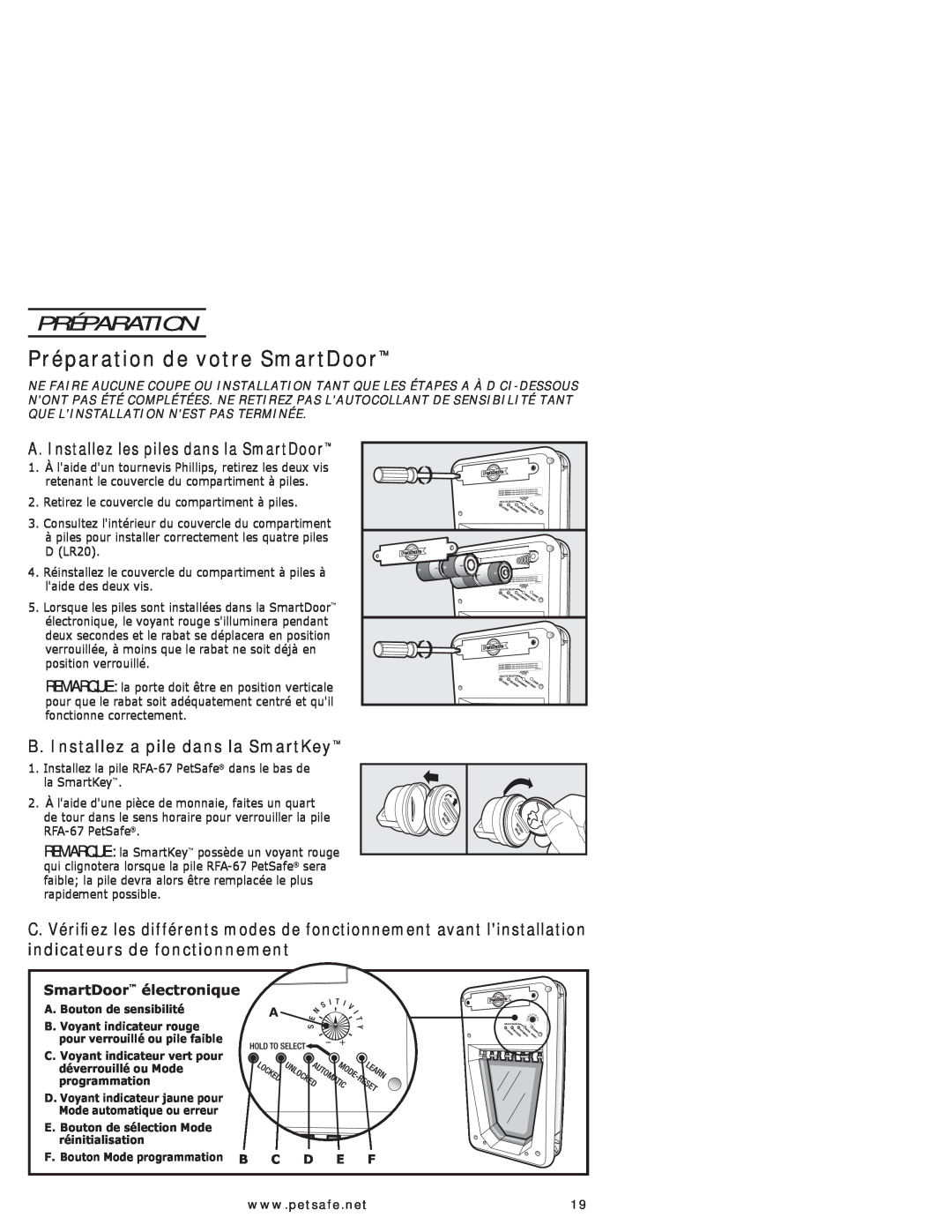 Petsafe PPA11-10709 manual Préparation de votre SmartDoor, A. Installez les piles dans la SmartDoor, SmartDoor électronique 