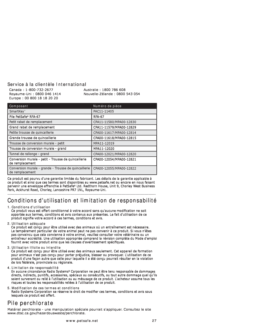 Petsafe PPA11-10709, PPA11-10711 manual Pile perchlorate, Service à la clientèle International, Composant, Numéro de pièce 