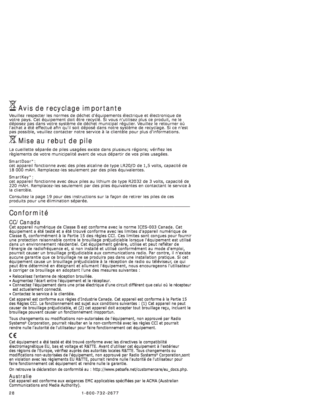 Petsafe PPA11-10711 manual Avis de recyclage importante, Mise au rebut de pile, Conformité, CC/Canada, Australie, SmartDoor 