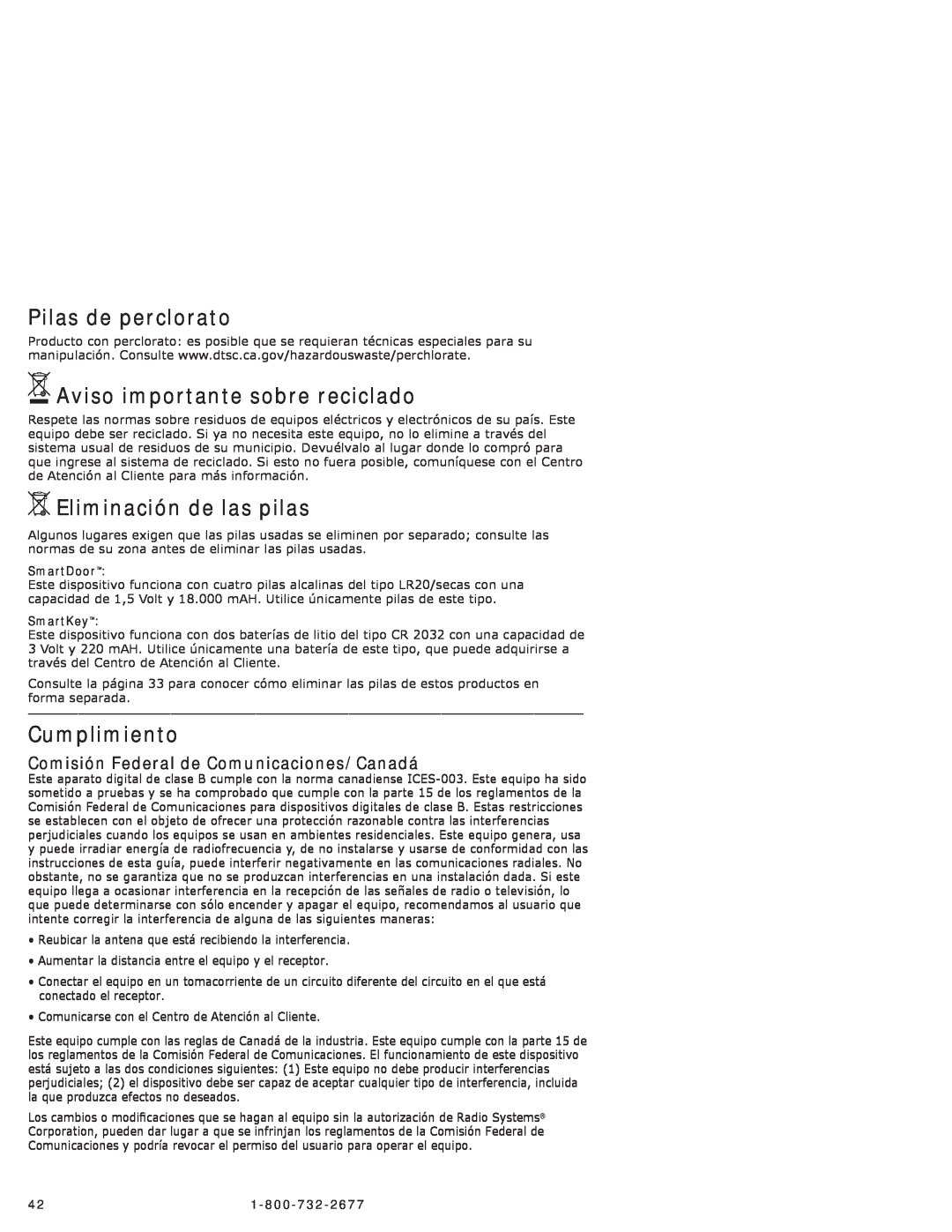 Petsafe PPA11-10711 manual Pilas de perclorato, Aviso importante sobre reciclado, Eliminación de las pilas, Cumplimiento 