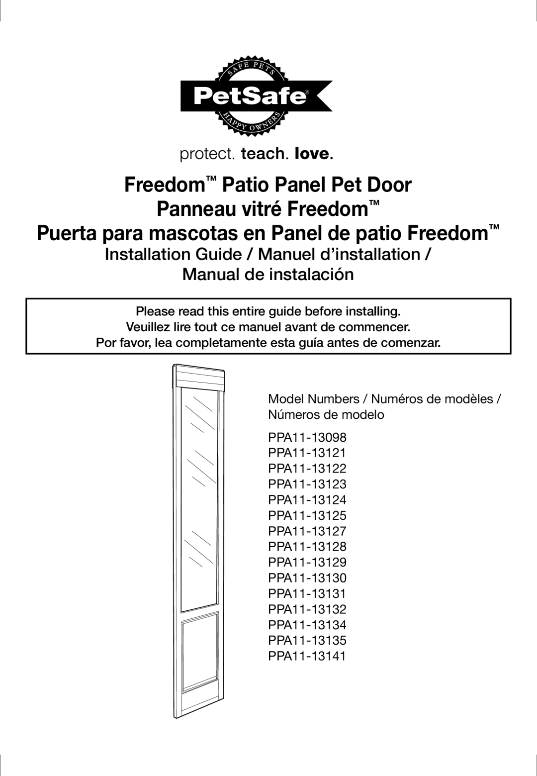 Petsafe PPA11-13135, PPA11-13141, PPA11-13134 installation manual Freedom Patio Panel Pet Door Panneau vitré Freedom 