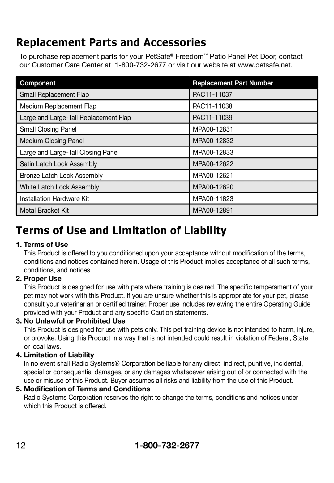 Petsafe PPA11-13122, PPA11-13141, PPA11-13135 Replacement Parts and Accessories, Terms of Use and Limitation of Liability 