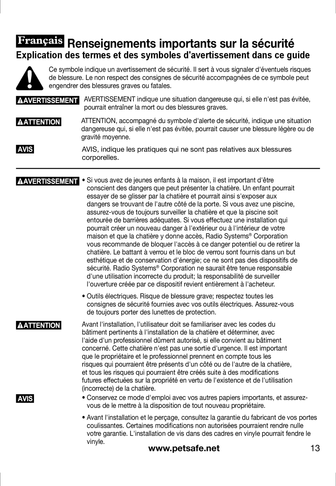 Petsafe PPA11-13130, PPA11-13141, PPA11-13135, PPA11-13134, PPA11-13129, PPA11-13127 Renseignements importants sur la sécurité 