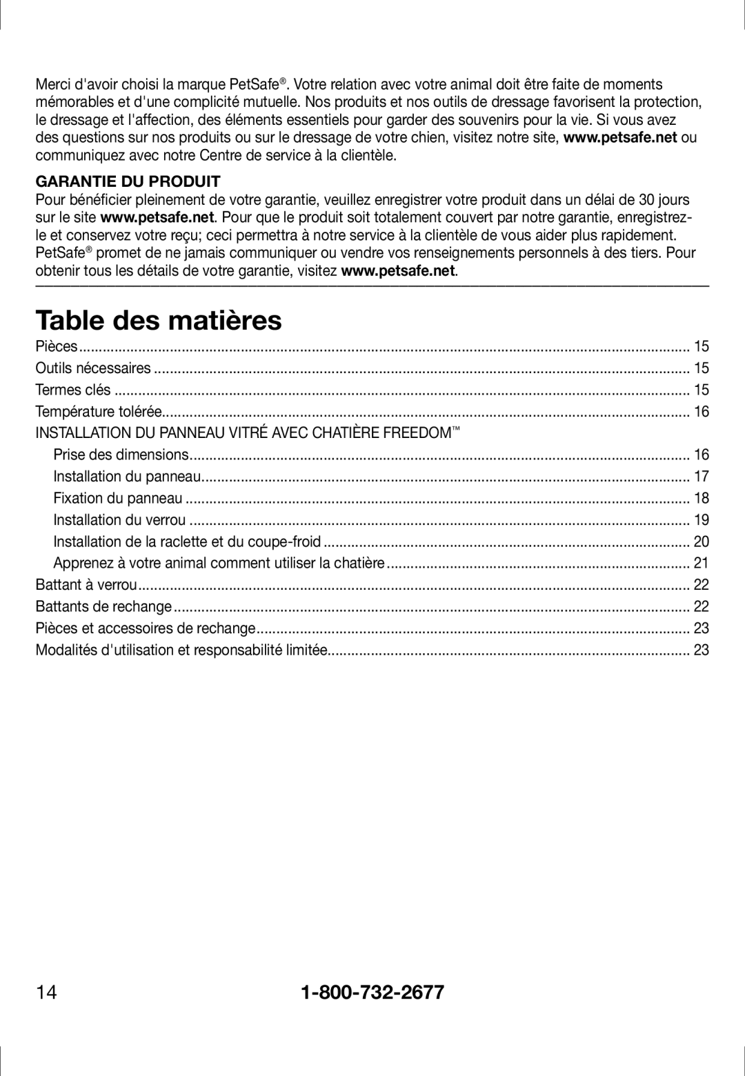 Petsafe PPA11-13121, PPA11-13141, PPA11-13135 Table des matières, Communiquez avec notre Centre de service à la clientèle 