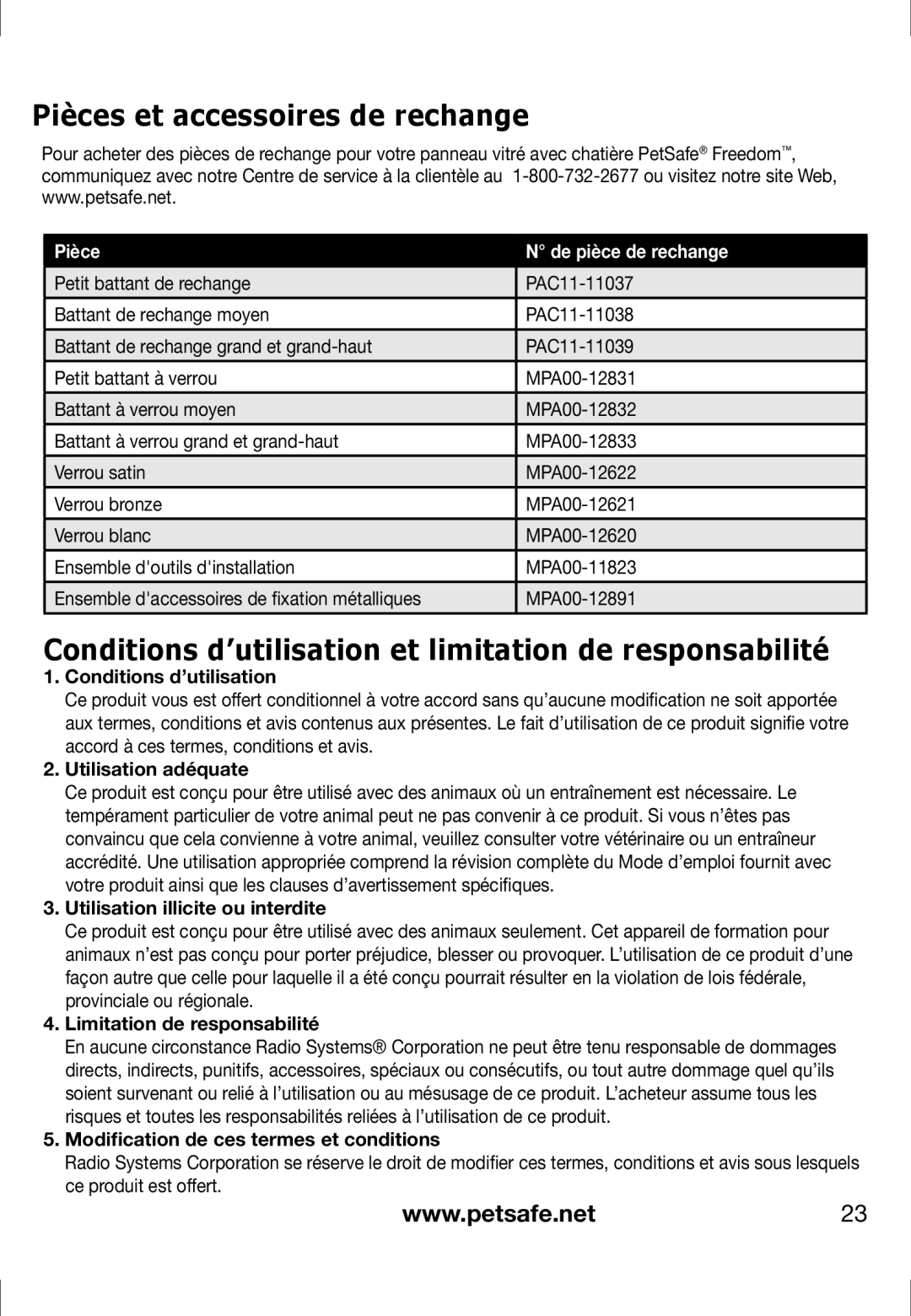 Petsafe PPA11-13131 Pièces et accessoires de rechange, Conditions d’utilisation et limitation de responsabilité 