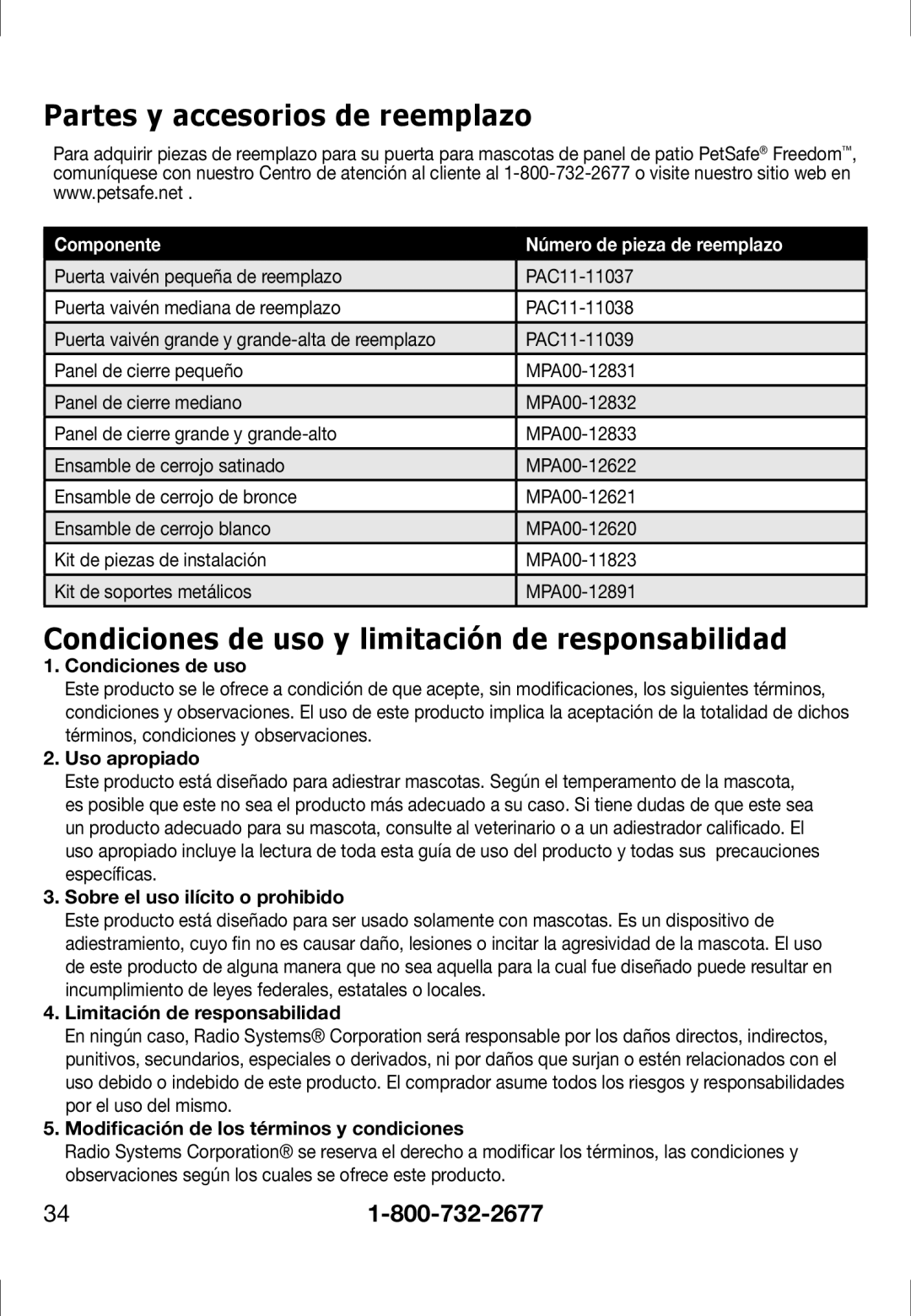 Petsafe PPA11-13127, PPA11-13141 Partes y accesorios de reemplazo, Condiciones de uso y limitación de responsabilidad 