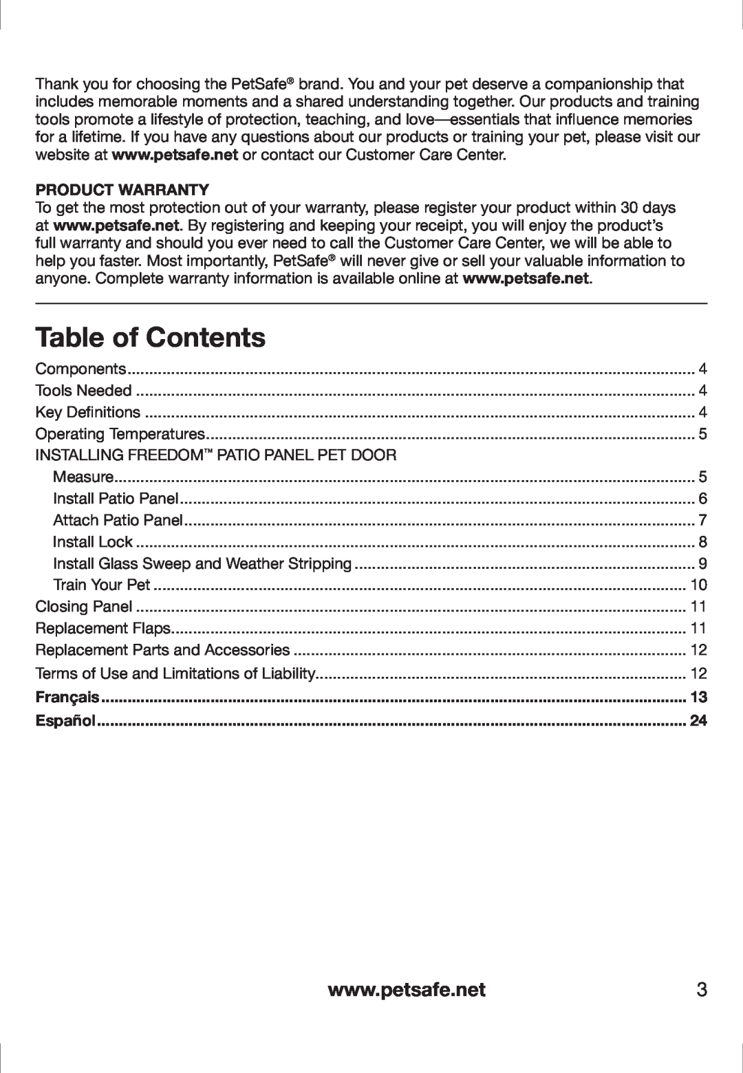 Petsafe PPA11-13129, PPA11-13141, PPA11-13135, PPA11-13134, PPA11-13127, PPA11-13132 Table of Contents, Product Warranty 