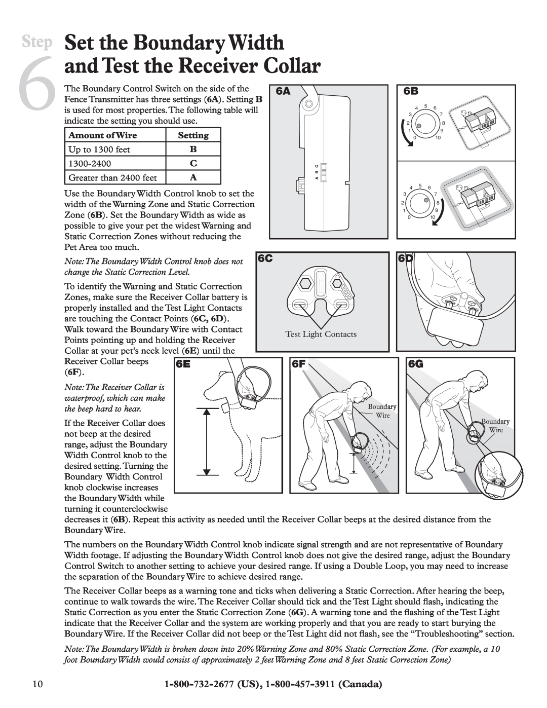 Petsafe RFA-200 manual Set the Boundary Width and Test the Receiver Collar, Step, Amount of Wire, Setting, Up to 1300 feet 