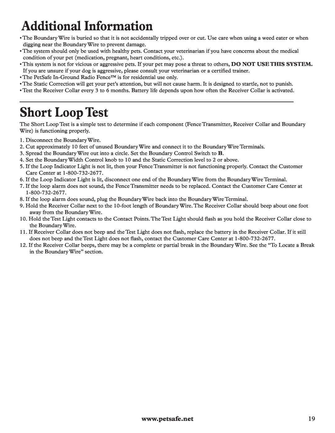 Petsafe RFA-200 manual Additional Information, Short Loop Test 