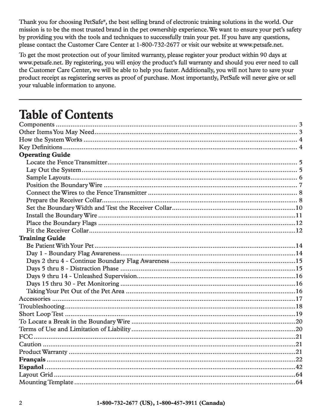 Petsafe RFA-200 manual Table of Contents, Operating Guide, Training Guide 
