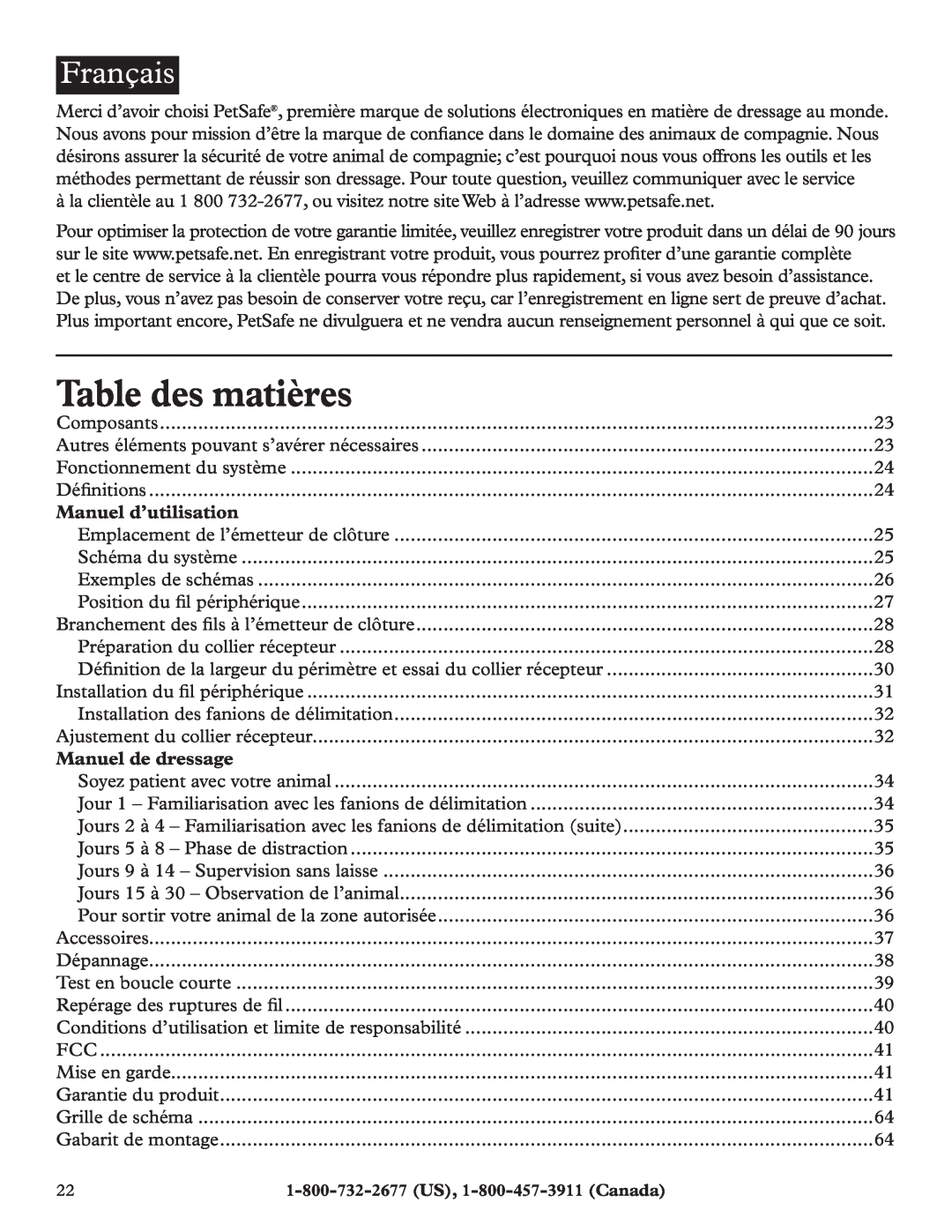 Petsafe RFA-200 manual Table des matières, Français, Manuel d’utilisation, Manuel de dressage 