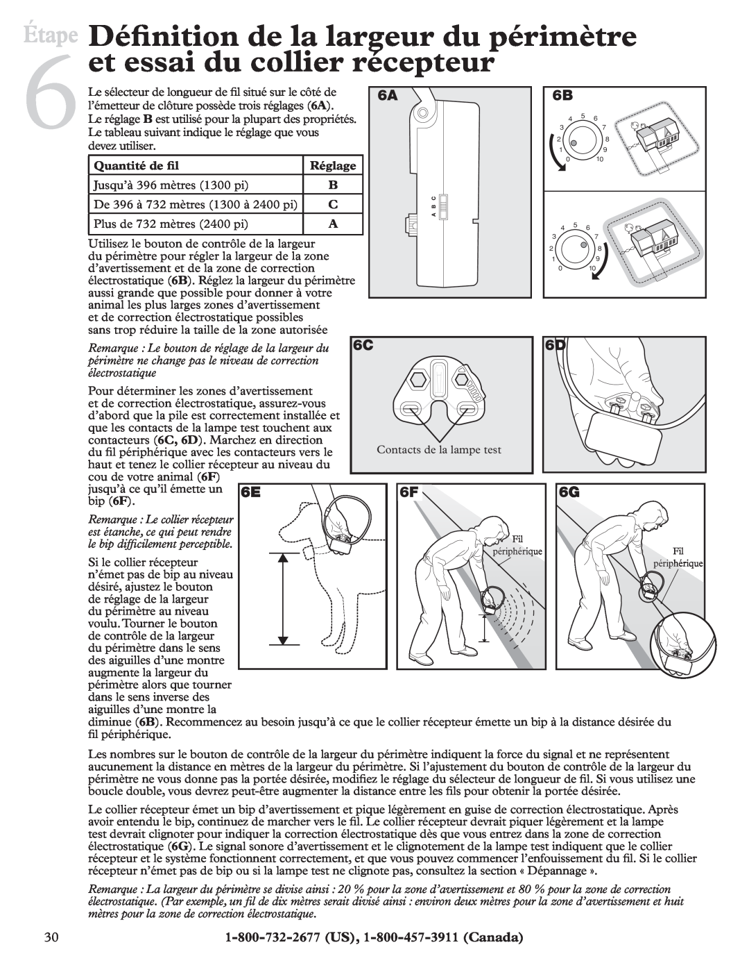 Petsafe RFA-200 Déﬁnition de la largeur du périmètre et essai du collier récepteur, Étape, Quantité de ﬁl, Réglage, bip 6F 