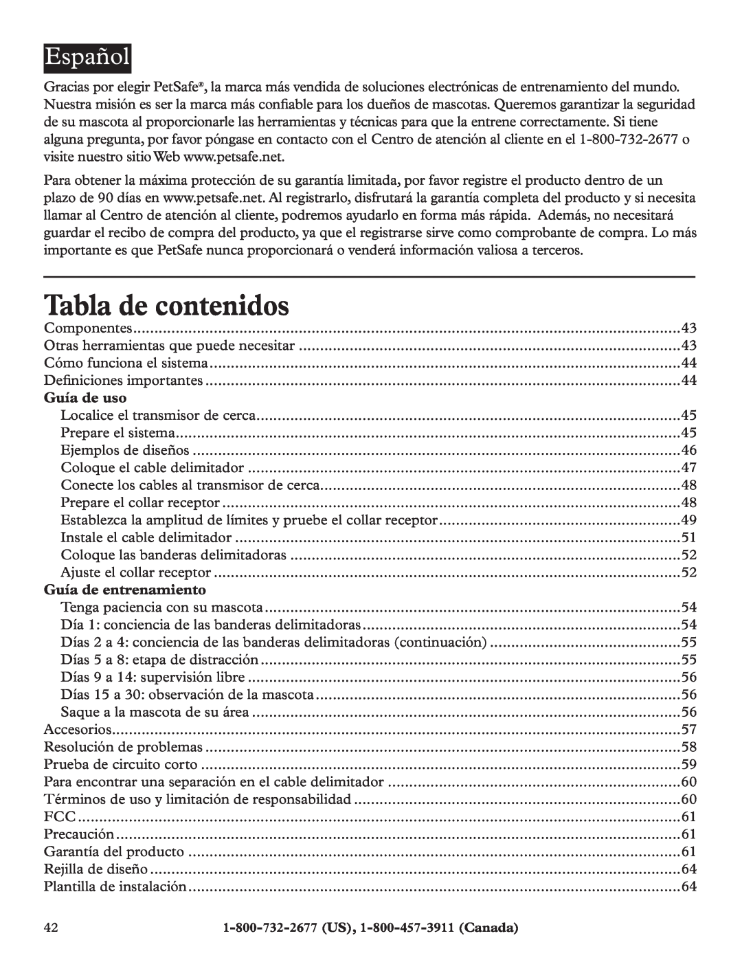 Petsafe RFA-200 manual Tabla de contenidos, Español, Guía de uso, Guía de entrenamiento 