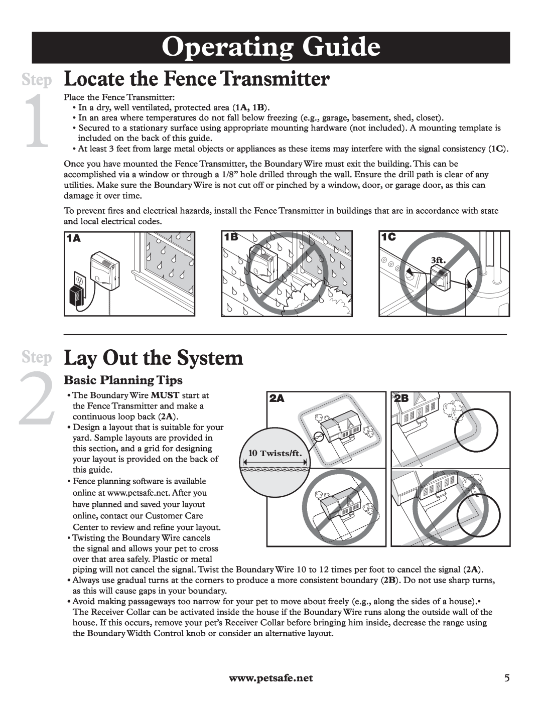 Petsafe RFA-200 Operating Guide, Step Locate the Fence Transmitter, Lay Out the System, Basic Planning Tips, Twists/ft 