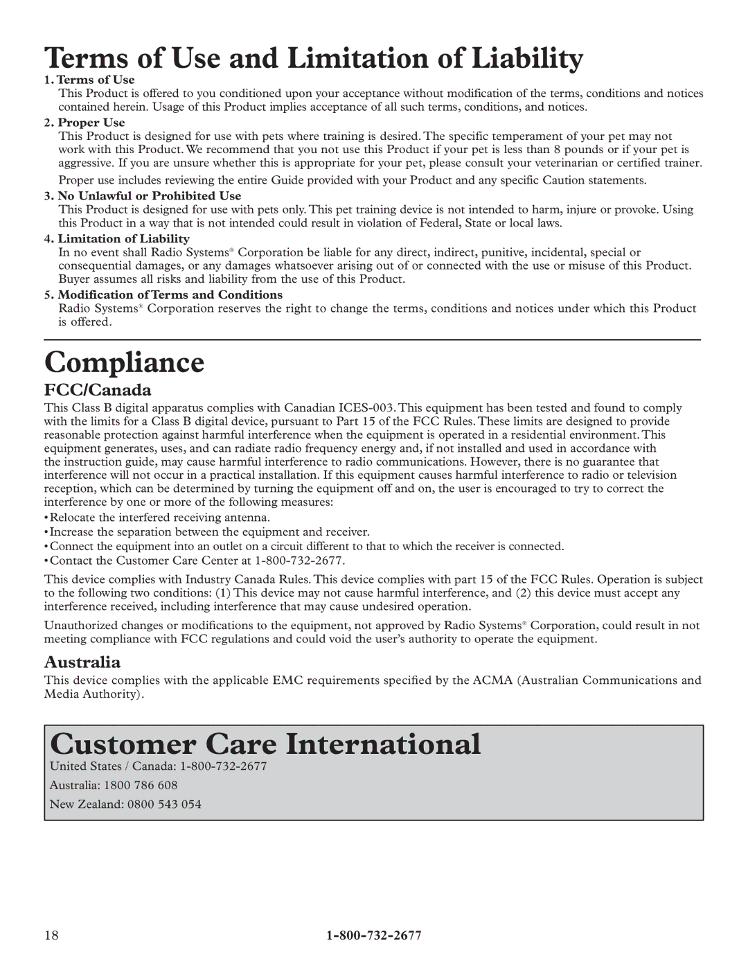 Petsafe RFA-67 Terms of Use and Limitation of Liability, Compliance, Customer Care International, FCC/Canada, Australia 