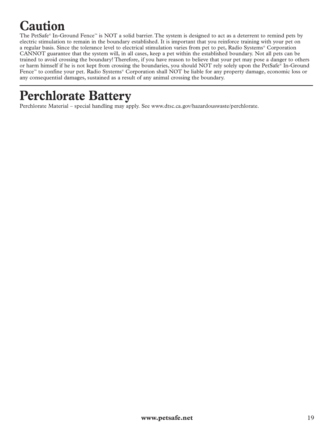 Petsafe RFA-67 manual Perchlorate Battery 