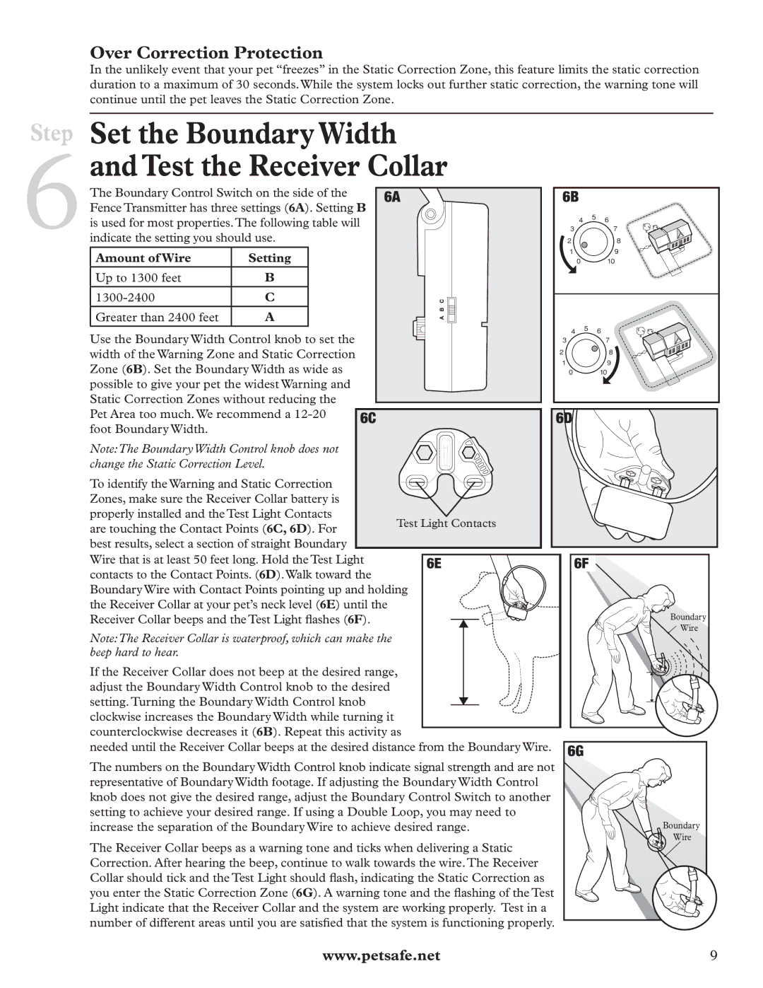 Petsafe RFA-67 manual Set the Boundary Width Test the Receiver Collar, Over Correction Protection, Amount of Wire Setting 