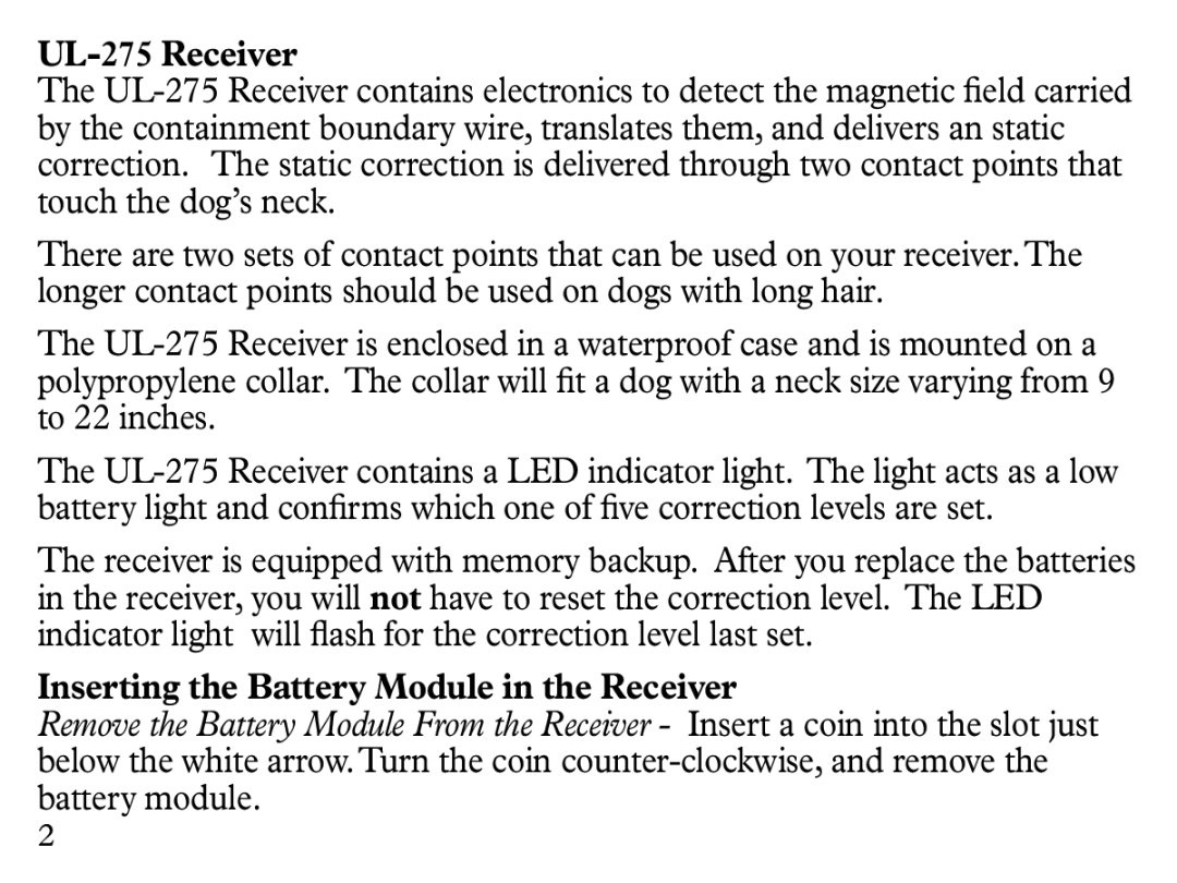 Petsafe manual UL-275 Receiver, Inserting the Battery Module in the Receiver 