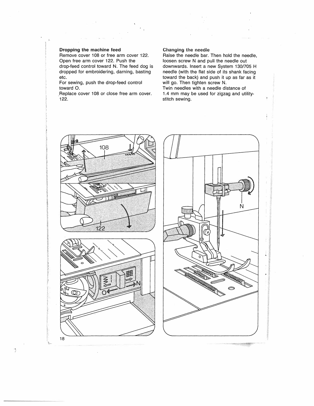 Pfaff 1014, 1019, 1015, 1037, 1035 manual Dropping the machine feed Changing the needle, Twin needles with a needle distance 