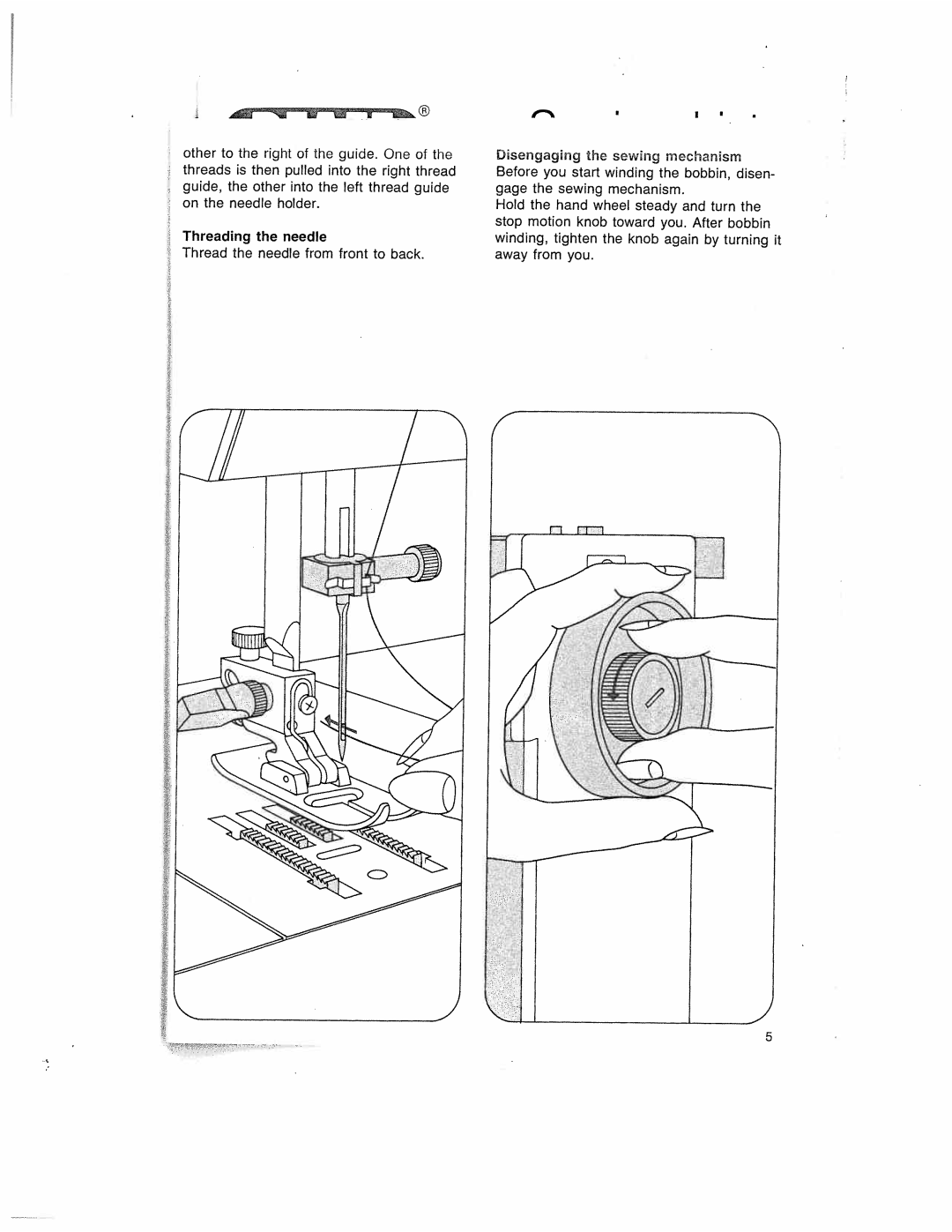 Pfaff 1035, 1019, 1015, 1014, 1037 manual Threads, Threading Needle, Disengaging the sewing Mechanism, Gage 