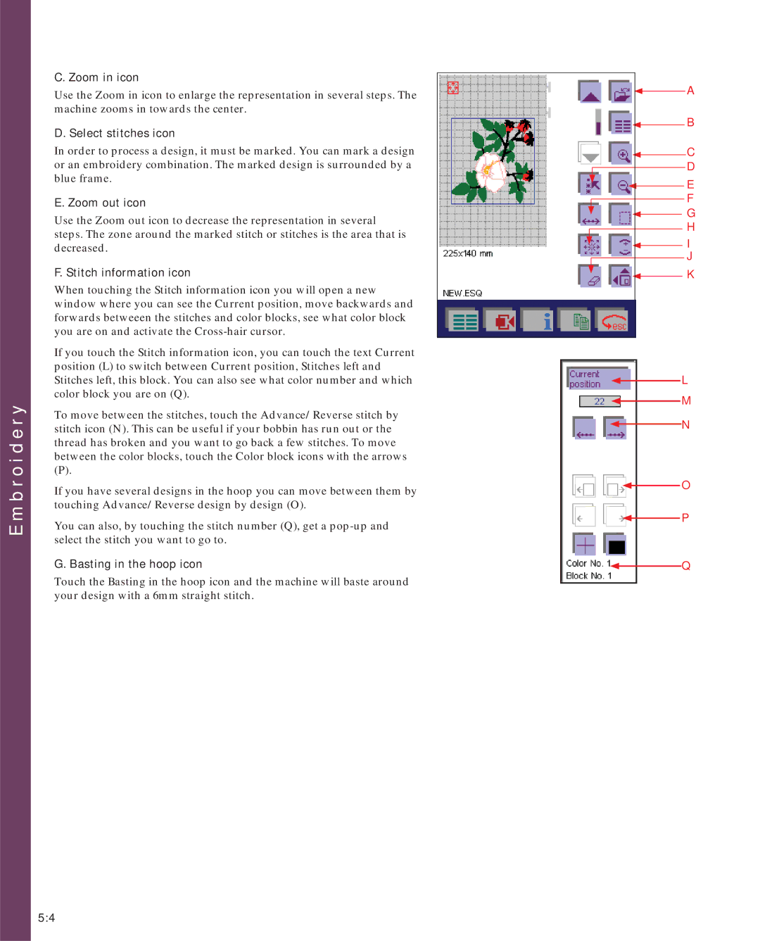 Pfaff 2170 Zoom in icon, Select stitches icon, Zoom out icon, Stitch information icon, Basting in the hoop icon 