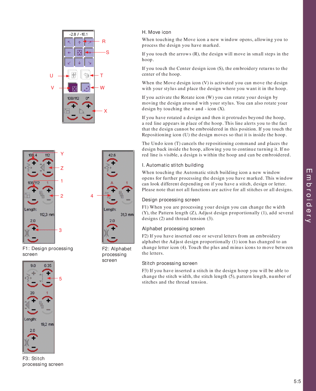 Pfaff 2170 Automatic stitch building, Design processing screen, Alphabet processing screen, Stitch processing screen 