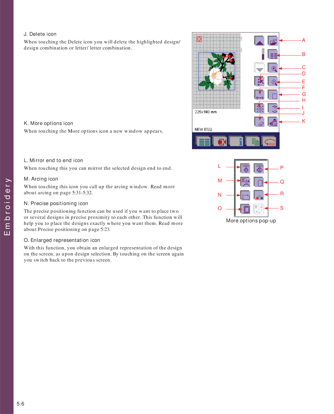 Pfaff 2170 owner manual Delete icon, More options icon, Mirror end to end icon, Arcing icon, Precise positioning icon 