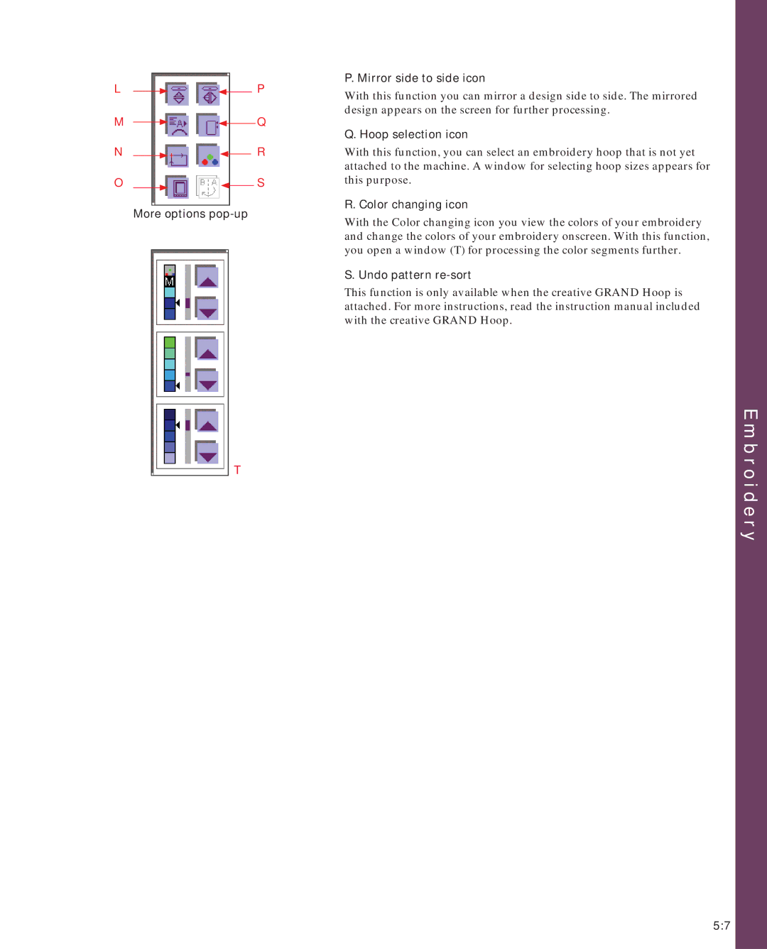 Pfaff 2170 More options pop-up Mirror side to side icon, Hoop selection icon, Color changing icon, Undo pattern re-sort 