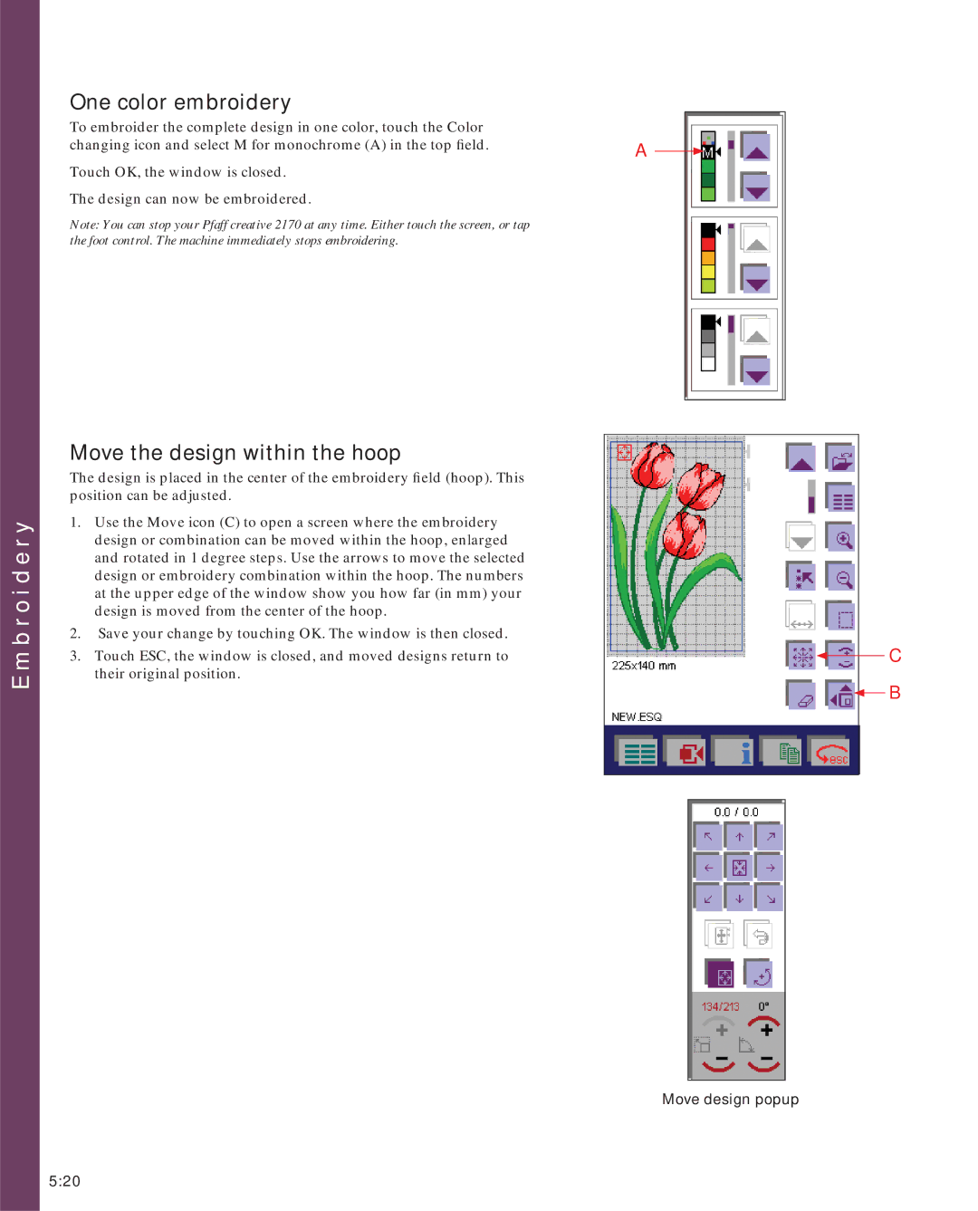 Pfaff 2170 owner manual One color embroidery, Move the design within the hoop, Move design popup 