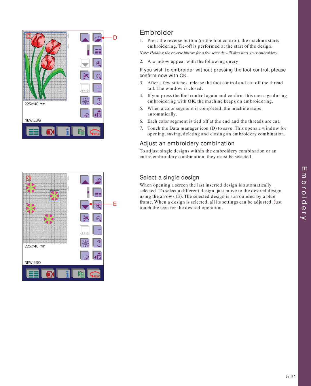 Pfaff 2170 owner manual Embroider, Adjust an embroidery combination, Select a single design 